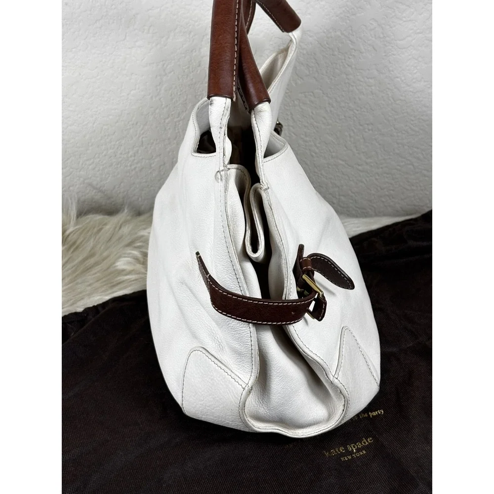 Kate Spade Leather Satchel White Brown Gold Hobo Bag Designer Classic